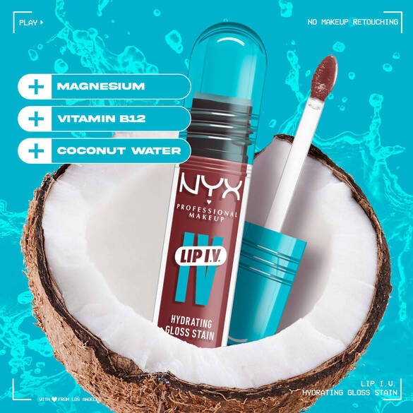 NYX Lip I.V. nemlendirici gloss, hindistan cevizi suyu, magnezyum ve B12 vitamini ile zenginleştirilmiş.
