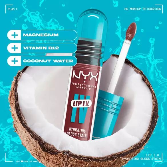 NYX Lip I.V. nemlendirici gloss, hindistan cevizi suyu, magnezyum ve B12 vitamini ile zenginleştirilmiş.