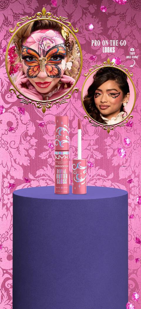 NYX Royal Butter Glosses displayed on a purple stand with ornate gold frames and Wallflower look, set against a pink floral background with product description, shop buttons, and option to try on the Pro-On-The-Go virtual look.