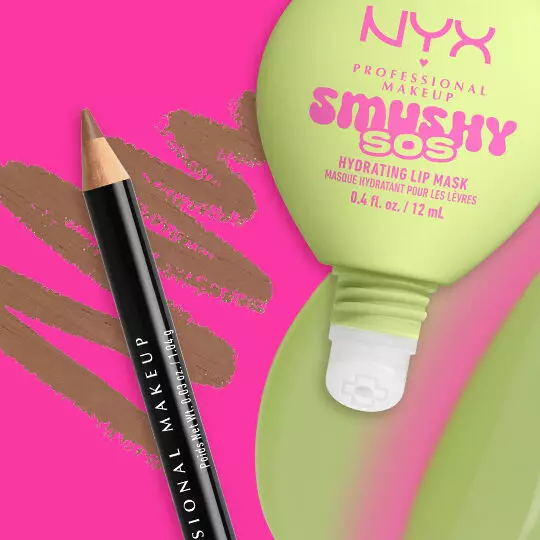 NYX Professional Makeup Smushy SOS Hydrating Lip Mask tube in shade Green Sereni-tea with NYX Professional Makeup Slim Lip Pencil in shade Nude Beige