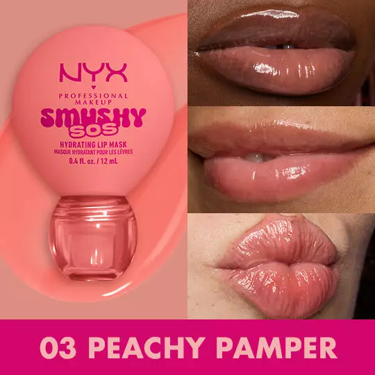 Lip macros in three different skin tones of models wearing NYX Professional Makeup Smushy SOS Hydrating Lip Mask in shade 03 Peachy Pamper