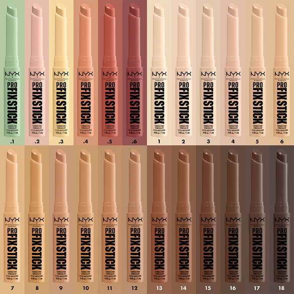 A grid of NYX Pro Stick concealers in various shades arranged in order, showcasing 18 different color options.