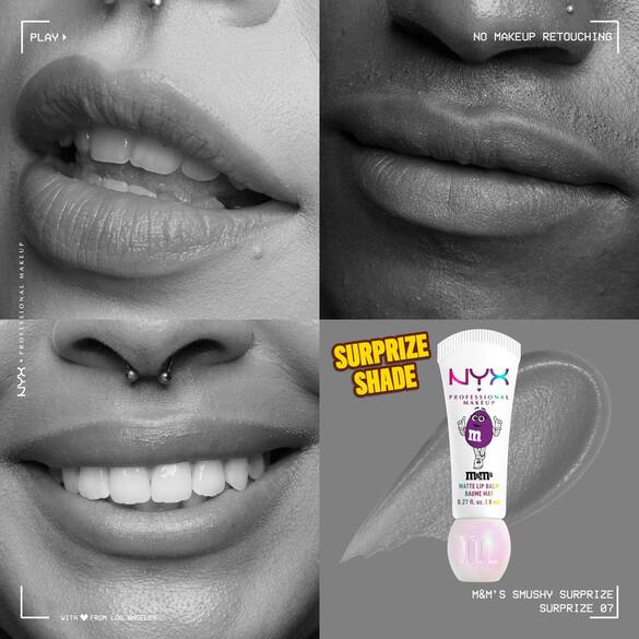 NYX Professional Makeup M&M’S Smushy Surprize Matte Lip Balm in Surprise shade, shown with black and white effect on lips of various skin tones.