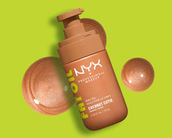 NYX Professional Makeup Fat Oil Body Oil in Coconut Cutie with a textured oil behind the packshot. 