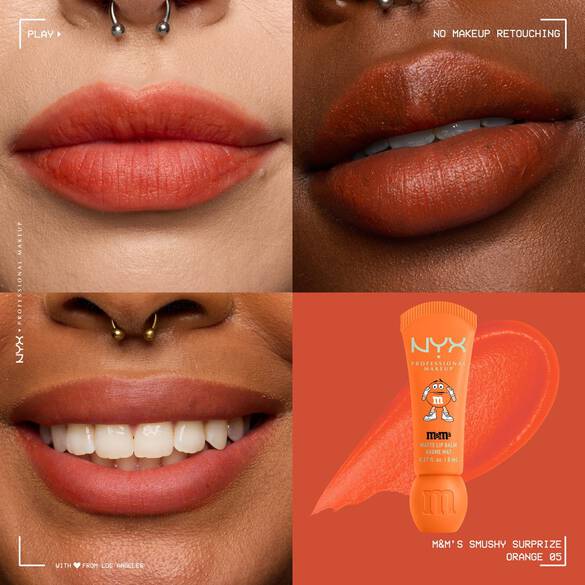 NYX Professional Makeup M&M’S Smushy Surprize Matte Lip Balm in Orange, shown with orange matte finish on lips of various skin tones.