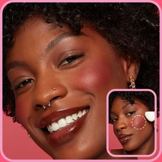NYX Professional Makeup Buttermelt Blush in shade 10 Back and Butta tutorial showing blush placement on the upper cheeks to brighten and add volume