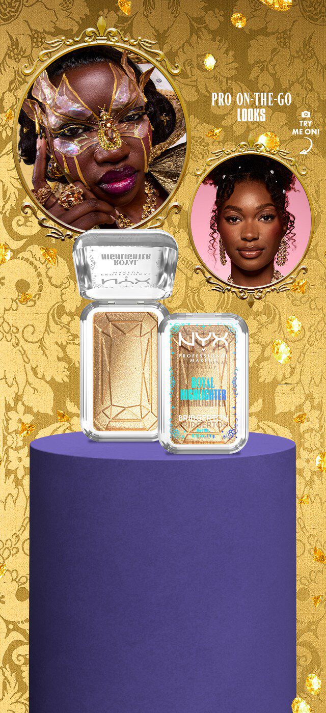 NYX Bridgerton highlighters displayed on a purple stand with ornate gold frames and The Queen look, set against a gold floral background with product description, shop buttons, and option to try on the Pro-On-The-Go virtual look.