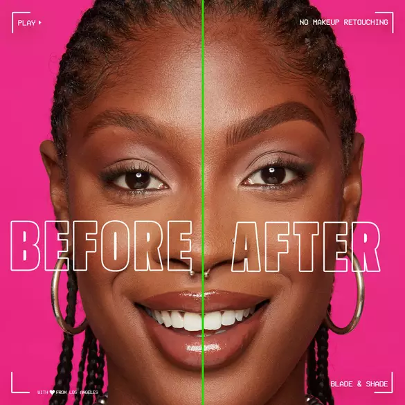 A split image showing a woman\'s face with makeup on one side and no makeup on the other, highlighting natural beauty.