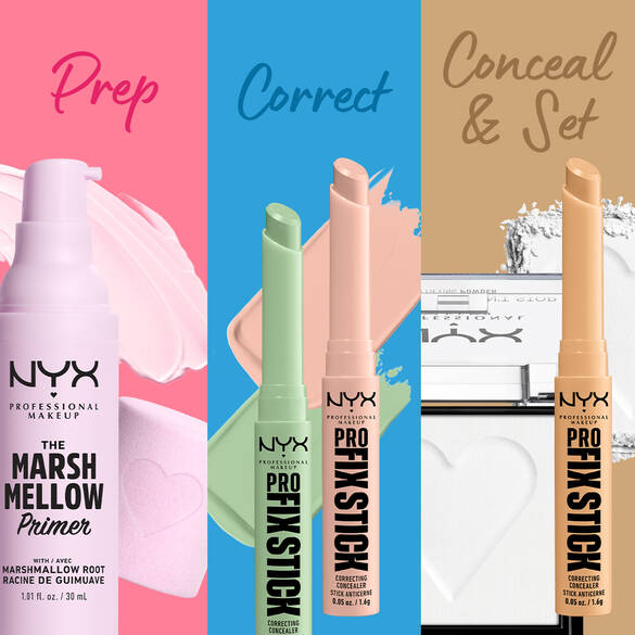 Image features NYX Professional Makeup products: a primer, a correcting stick, and a concealer, each in vibrant backgrounds.