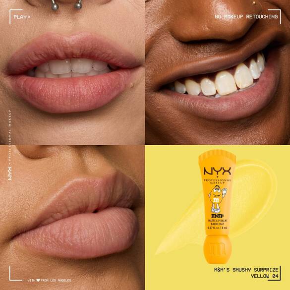 NYX Professional Makeup M&M’S Smushy Surprize Matte Lip Balm in Yellow, shown with clear finish on lips of various skin tones.