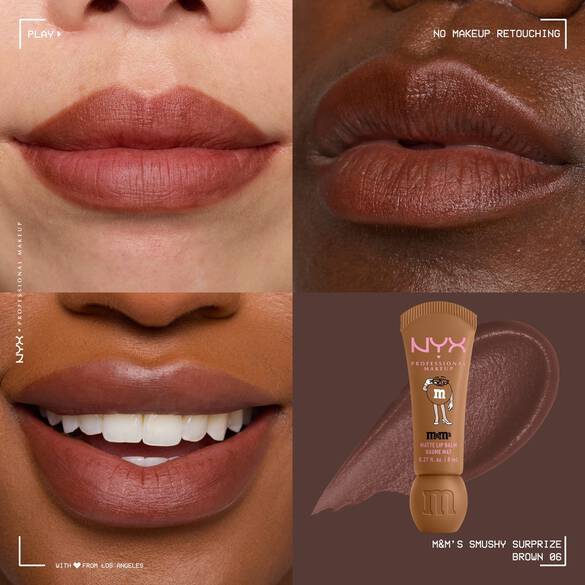 NYX Professional Makeup M&M’S Smushy Surprize Matte Lip Balm in Brown, shown with brown matte finish on lips of various skin tones.