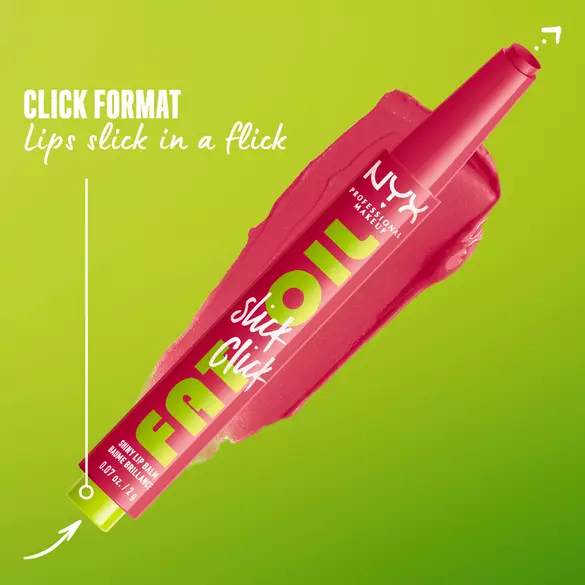NYX Fat Oil lip product in a click format, featuring a vibrant, glossy red packaging against a green background.