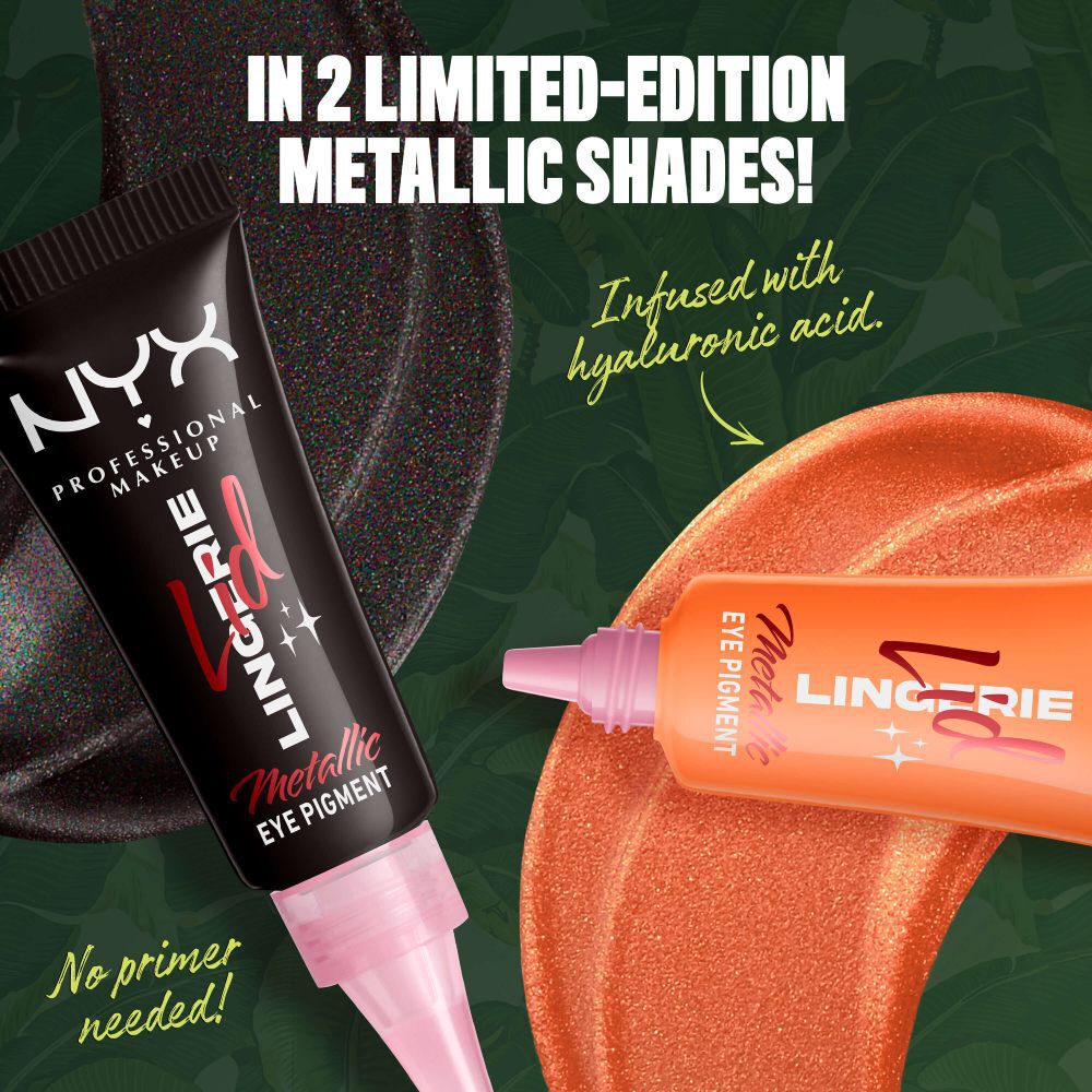 NYX Professional Makeup Party Animals Lid Lingerie Cream Eye Pigments in two limited-edition metallic shades: Gothic Garter and Pumpkin Vice.