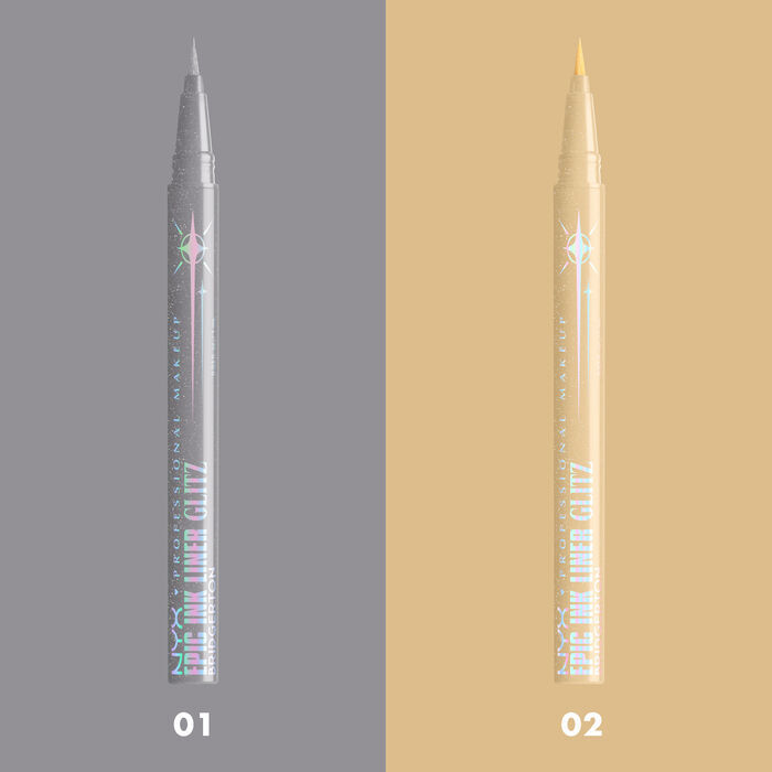 Two eyeliner pens from the same range, displayed side-by-side against a split background of gray and gold. One pen is silvery-gray, labeled '01', and the other is gold, labeled '02'.