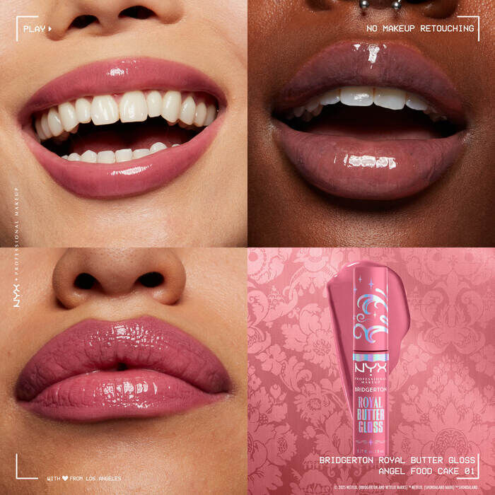 Four close-ups: models' lips showcasing NYX Professional Makeup Bridgerton Royal Butter Gloss in various shades on different skin tones, emphasizing glossy, hydrating finish. Small image of gloss tube in 01 Angel Food Cake