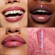 Four close-ups: models' lips showcasing NYX Professional Makeup Bridgerton Royal Butter Gloss in various shades on different skin tones, emphasizing glossy, hydrating finish. Small image of gloss tube in 01 Angel Food Cake