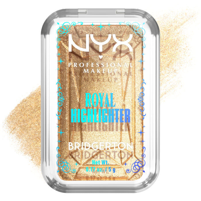 NYX Professional Makeup Bridgerton Royal Highlighter compact: ornate gold square with branding, open to reveal golden highlighter. Subtle swatch in shade 02 Light Gold