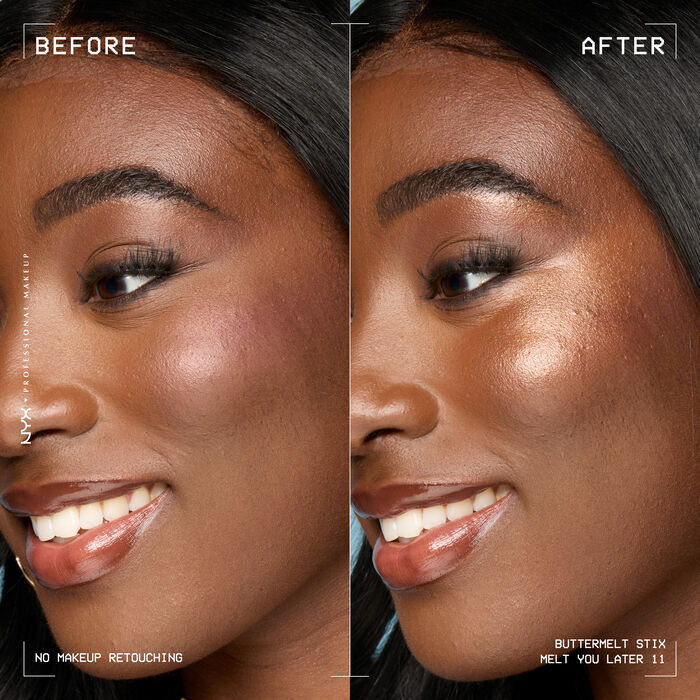 A side view of a model's face showing before and after results of using Buttermelt Stix in shade 11 Melt You Later
