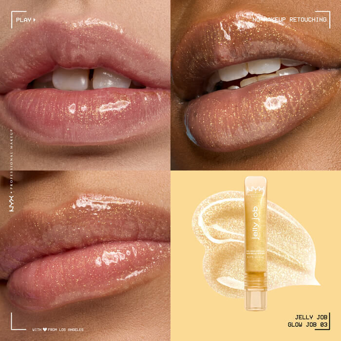 Quadrant showing Jelly Job lip macros on three models of fair, deep, medium skin tones and the product solider with swatch behind the hex code color in shade 03 Glow Job