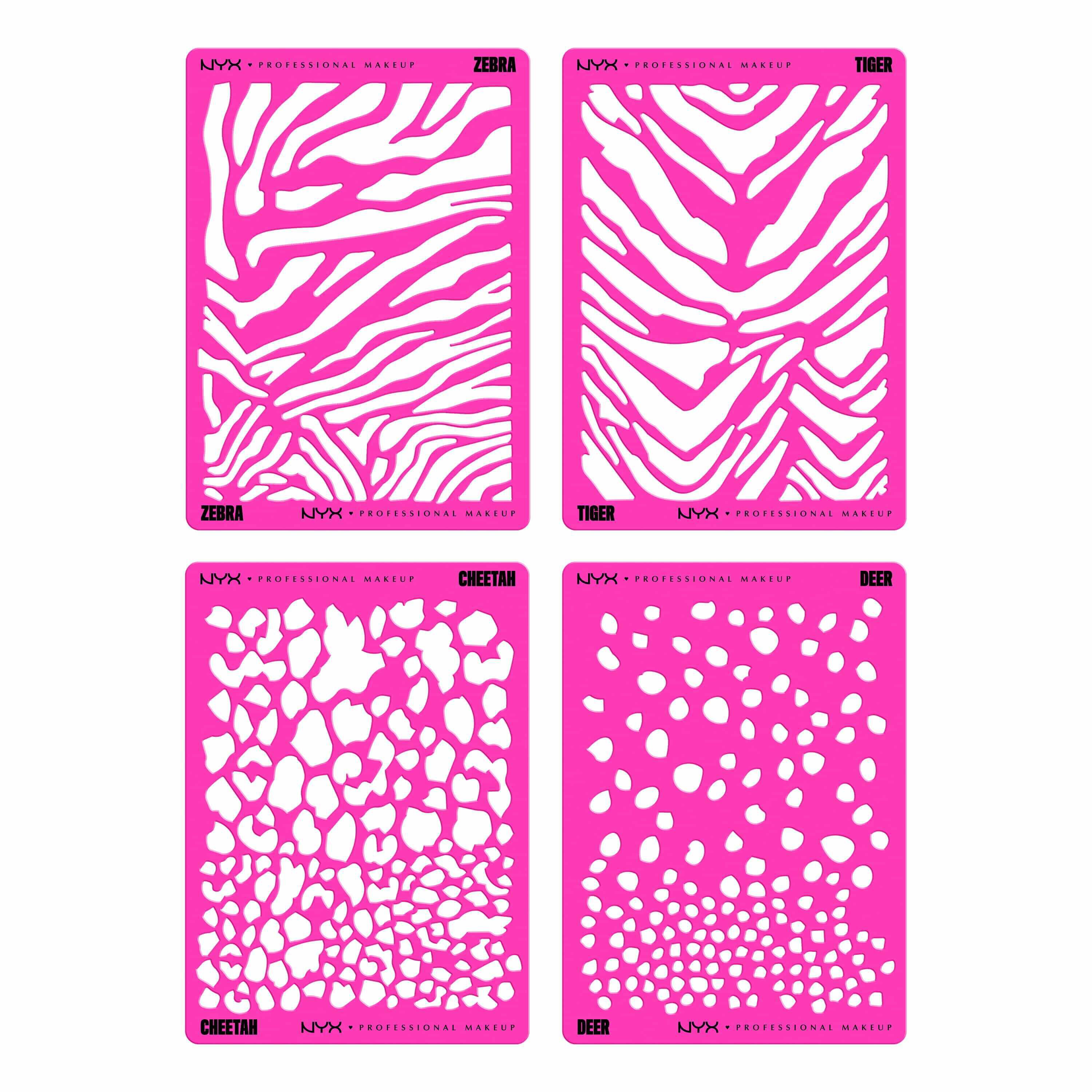 NYX Professional Makeup Party Animals Stencils Kit showing five pink animal-print face stencil designs.