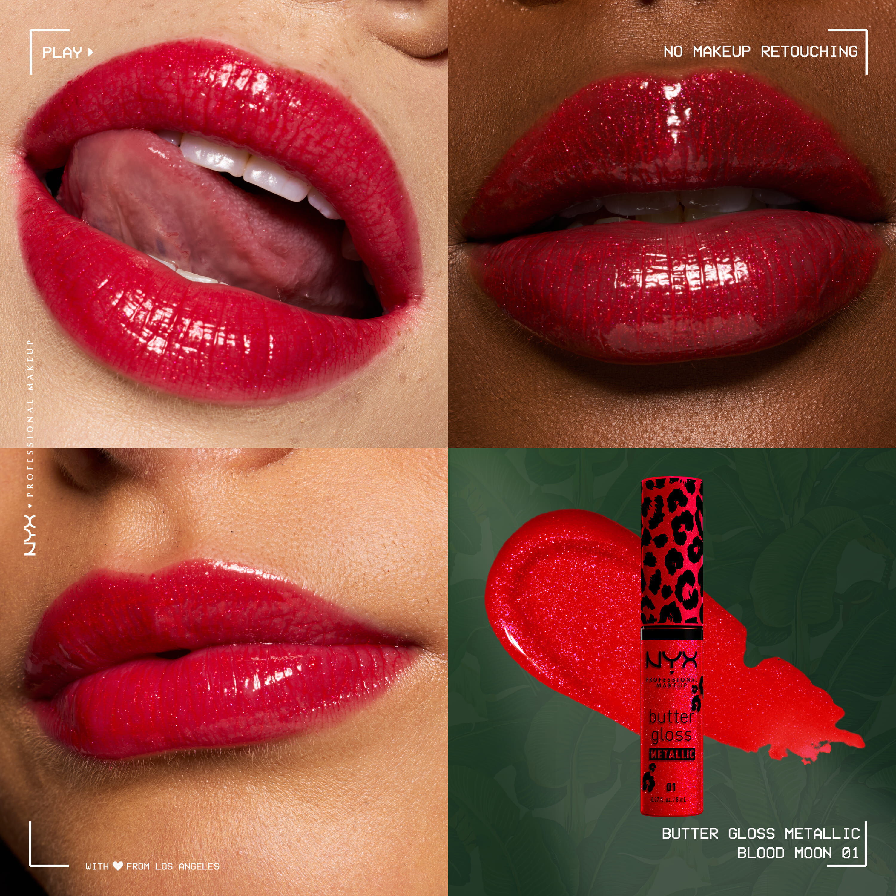NYX Professional Makeup Party Animals Butter Gloss Bling Metallic in shade 01 Blood Moon, close-up lip looks and red glitter gloss packshot with swatch.