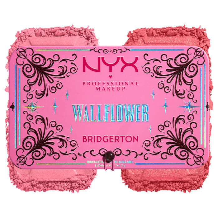 A pink 'NYX Professional Makeup Bridgerton Blush Duo' with a decorative border, accompanied by a textured swatch of the blush color below it in shade 01 Wallflower