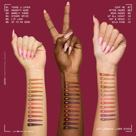 All twelve Lip Lingerie Lip Liner Stain colors swatched on three different skin tones with the arms raised high