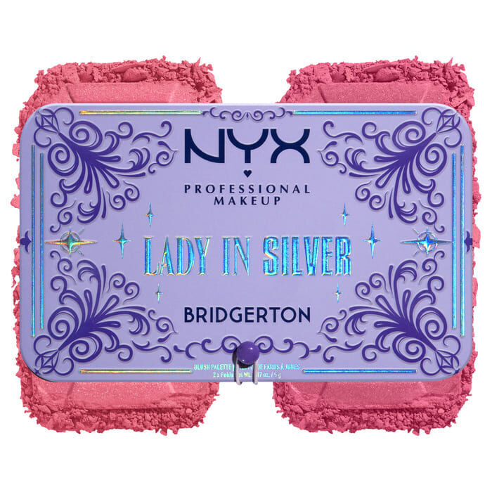 A lavender 'NYX Professional Makeup Bridgerton Blush Duo' with a decorative border, accompanied by a textured swatch of the blush color below it in shade 02 Lady In Silver