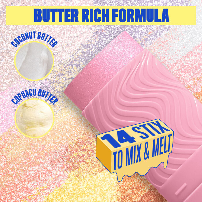 Buttermelt Stix product shown with various swatch textures as the background focusing on the coconut butter and cupuacu butter ingredients in shade 04 My Melt Era