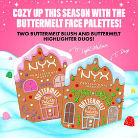 Displays two "Buttermelt Face Palettes," labeled "Light/Medium" and "Deep," with the text "GLOW UP THIS SEASON WITH THE BUTTERMELT FACE PALETTES!"