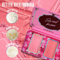 The opened 'NYX Professional Makeup Bridgerton Blush Duo', with three circles indicating key ingredients: Shea Butter, Mango Butter, and Almond Butter, emphasizing a 'Rich Formula' in shade 01 Wallflower