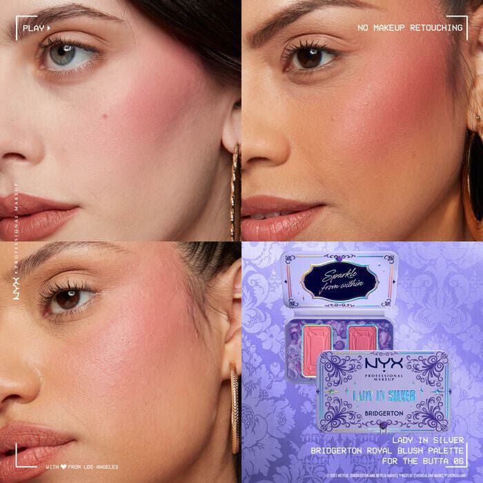 Grid of four close-ups: models with varied skin tones wearing NYX Professional Makeup Bridgerton Blush Duo, showing shades on skin. Opened blush palette shown below in shade 02 Lady In Silver