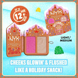 Features three "Buttermelt Face Palettes" in different lighting conditions, highlighting the benefit "CHEEKS GLOWIN' & FLUSHED LIKE A HOLIDAY SNACK!" along with an "UP TO 12 HR WEAR" icon. 01 Light/Medium