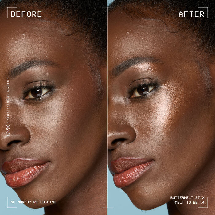 A side view of a model's face showing before and after results of using Buttermelt Stix in shade 14 Melt To Be