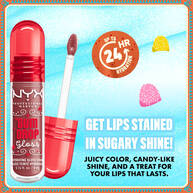 Close-up of NYX Professional Makeup Gum Drop Lip I.V. with claim: “Get lips stained in sugary shine – 24HR wear.” Surrounded by candy accents in shade 01 Hydra Honey