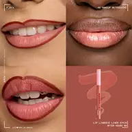 Quadrant showing Lip Lingerie Lip Liner Stain on three models of fair, deep, medium skin tones and the product solider with swatch behind the hex code color in shade 08 After Hours