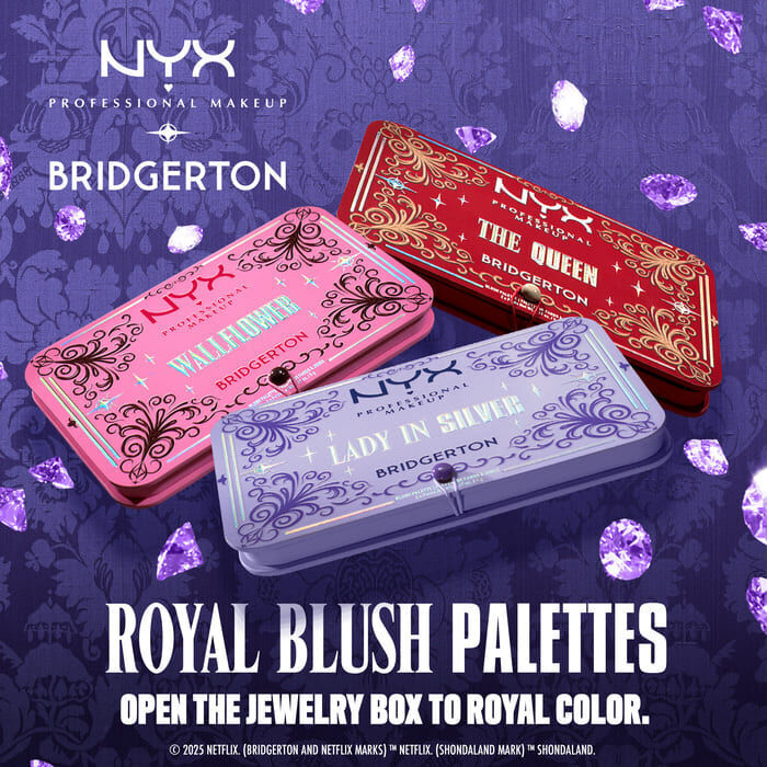 Three 'NYX Professional Makeup Bridgerton Blush Duos' displayed. One is in red and gold, pink and black, and the other is in lavender and silver. Text states, 'Open the jewelry box to royal color.'