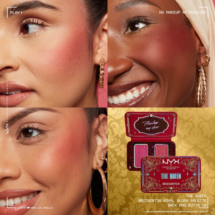 Grid of four close-ups: models with varied skin tones wearing NYX Professional Makeup Bridgerton Blush Duo, showing shades on skin. Opened blush palette shown below in shade 03 The Queen