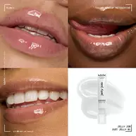 Quadrant showing Jelly Job lip macros on three models of fair, deep, medium skin tones and the product solider with swatch behind the hex code color in shade 01 Just Jelly
