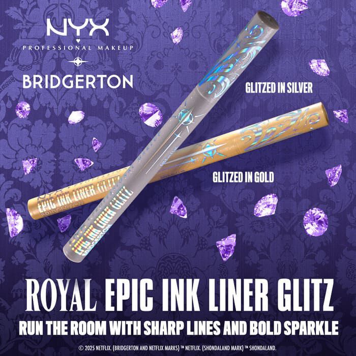 Two NYX PMU x Bridgerton Royal Epic Ink Liner Glitz pens (silver & gold) on a purple, jewel-toned background. Text: "Run the room with sharp lines and bold sparkle."