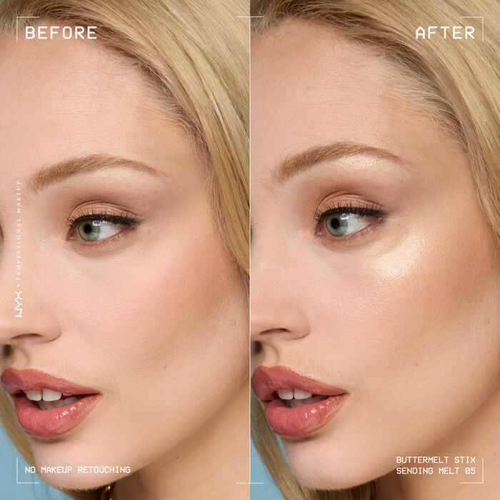 A side view of a model's face showing before and after results of using Buttermelt Stix in shade 05 Sending Melt
