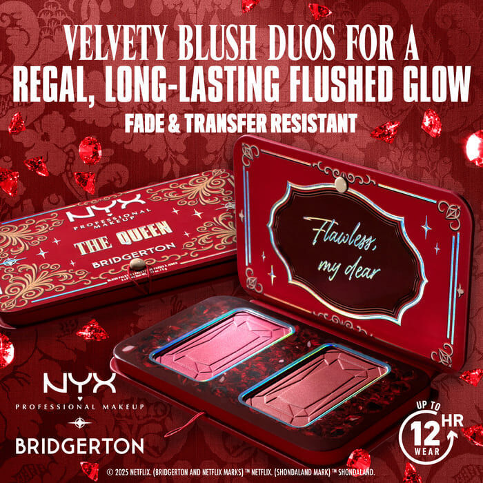 Opened NYX Professional Makeup Bridgerton Blush Duo showing two blush pans. Text highlights "Velvety Blush Duos for a Regal, Long-Lasting Flushed Glow," plus "Fade & Transfer Resistant" and "12HR" wear in shade 03 The Queen