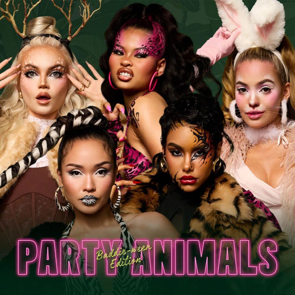 NYX Professional Makeup Party Animals collection displayed with models wearing animal-inspired makeup beside the limited-edition collection.