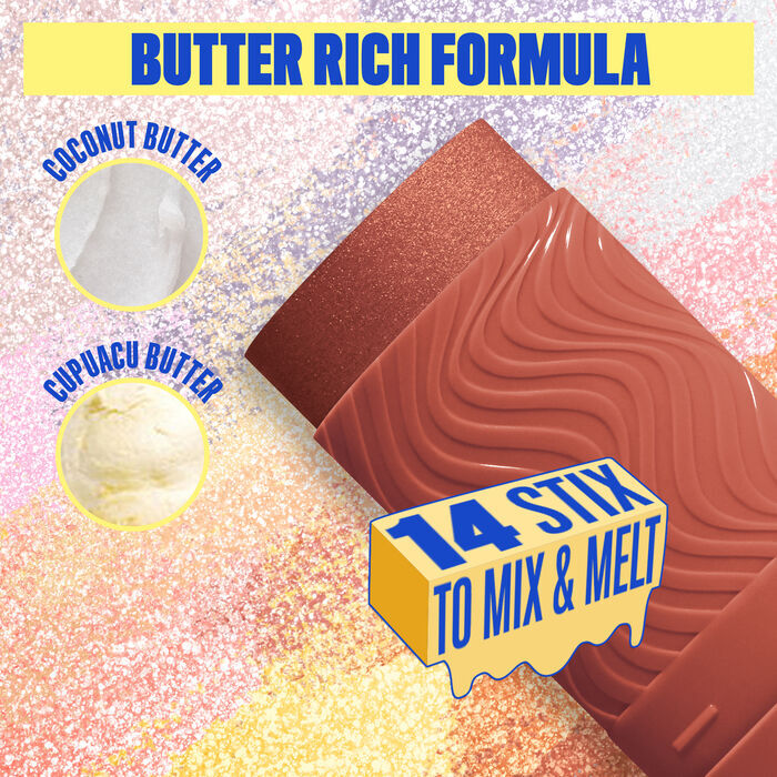 Buttermelt Stix product shown with various swatch textures as the background focusing on the coconut butter and cupuacu butter ingredients in shade 13 Left On Melt