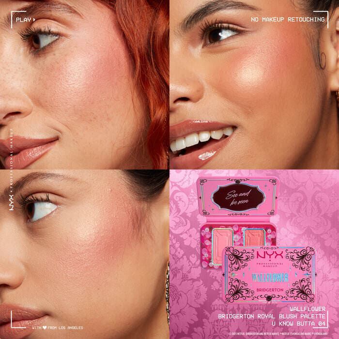 Grid of four close-ups: models with varied skin tones wearing NYX Professional Makeup Bridgerton Blush Duo, showing shades on skin. Opened blush palette shown below in shade 01 Wallflower