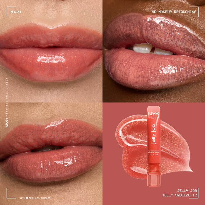 Quadrant showing Jelly Job lip macros on three models of fair, deep, medium skin tones and the product solider with swatch behind the hex code color in shade 12 Jelly Squeeze