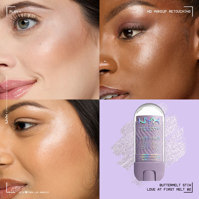 Quadrant showing Jelly Job lip macros on three models of fair, deep, medium skin tones and the product solider with swatch behind the hex code color in shade 02 Love At First Melt