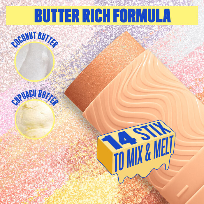 Buttermelt Stix product shown with various swatch textures as the background focusing on the coconut butter and cupuacu butter ingredients in shade 08 Let Me Melt