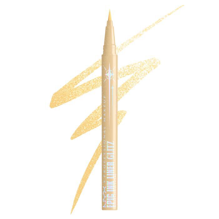 A gold-colored eyeliner pen positioned diagonally against a white background, accompanied by a matching textured swatch of the product of NYX Professional Makeup x Bridgerton Royal Epic Ink Liner Glitz in shade 02 Glitzed In Gold