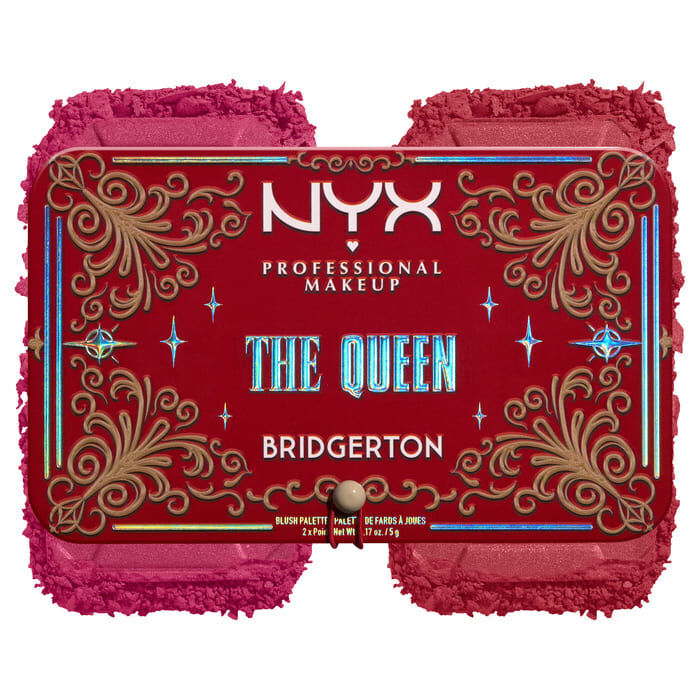 A red and gold 'NYX Professional Makeup Bridgerton Blush Duo' with a decorative border, accompanied by a textured swatch of the blush color below it in shade 03 The Queen
